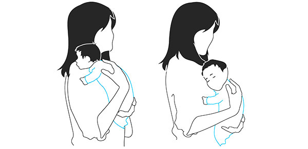 Hold on your shoulder and lower on your chest | Burp a sleeping baby